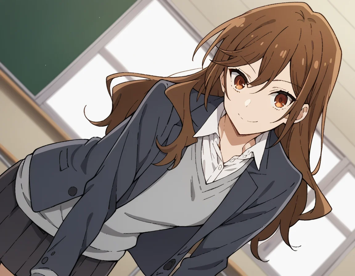 score_9, score_8_up, score_7_up, source_anime,
kyoukohori, <lora:kyouko-hori-s2-ponyxl-lora-nochekaiser:1>,
kyouko hori, long hair, bangs, brown hair, hair between eyes, brown eyes,
shirt, school uniform, jacket, collared shirt, blazer, sweater, grey sweater, white shirt, black blazer, skirt, black skirt,
indoors, classroom, smile, bent over,
cowboy shot, looking at viewer, solo, dutch angle,
