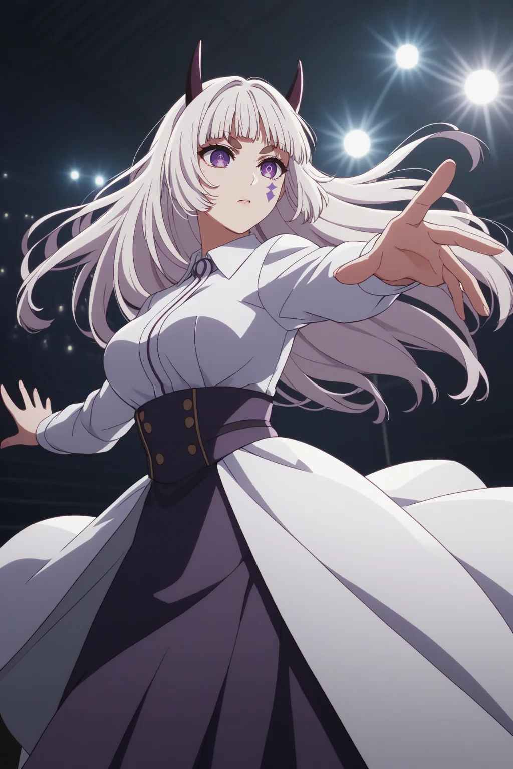 sscore_9, score_8_up, score_7_up, source_anime, 1girl, prefect lighting, very aesthetic, intricate details, highly detailed background, masterpiece, high quality, prefect hands, best quality, solo,
<lora:Mei_Adashino_Oshi_No_Ko_V2:.85>, KJOmei, white hair, purple eyes, sidelocks, long hair, blunt bangs, demon horns, facial mark, thick eyebrows,
white collared shirt, black miniskirt,
action pose, outstretched hand, serious, standing,
stage, stage lights,
(Beautiful, medium Breasts:1.2), natural breasts,