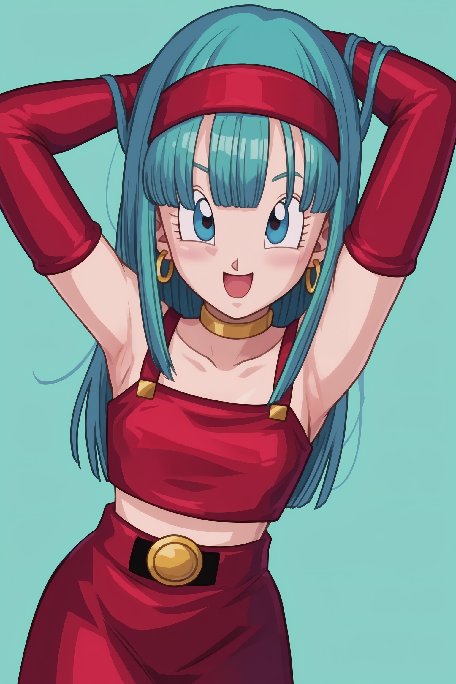 source_anime, score_9, score_8_up, score_7_up, anime screencap, absurdres,
bra \(dragon ball\), official style, 1girl, solo, long hair, breasts, looking at viewer, blush, smile, open mouth, bangs, simple background, collarbone, upper body, :d, aqua hair, blue background, ring, blunt bangs, bridal gauntlets, eyelashes, hoop earrings, eyebrows, bare shoulders, waving, red hairband, blue eyes, red armwear, red crop top, midriff, pointy nose, straight hair, shiny hair, tongue, leaning forward, flat chest, armpits, hair on shoulder, choker, leather
 <lora:bra_v1:0.8>