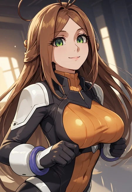 score_4,score_5,score_6,score_7_up,score_8_up,score_9 ((masterpiece,best quality,ultra detailed,highres,HD,4k:1.2)),
1 cute girl,solo,solo focus,girl focus,face focus,
(Normal), very long hair,brown hair,antenna hair,green eyes,large breast,
bodysuit,gloves,high heels,
light smile,
