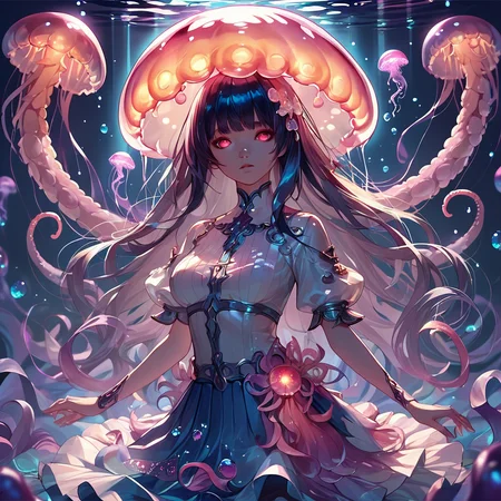 score_9,score_8_up,score_7_up,
jellyfishstyle, 1girl, solo, long hair, breasts, looking at viewer, bangs, skirt,humanoid,glowing,tentacles,light particles, bubble,
, <lora:jellyfish-pony:0.8>,