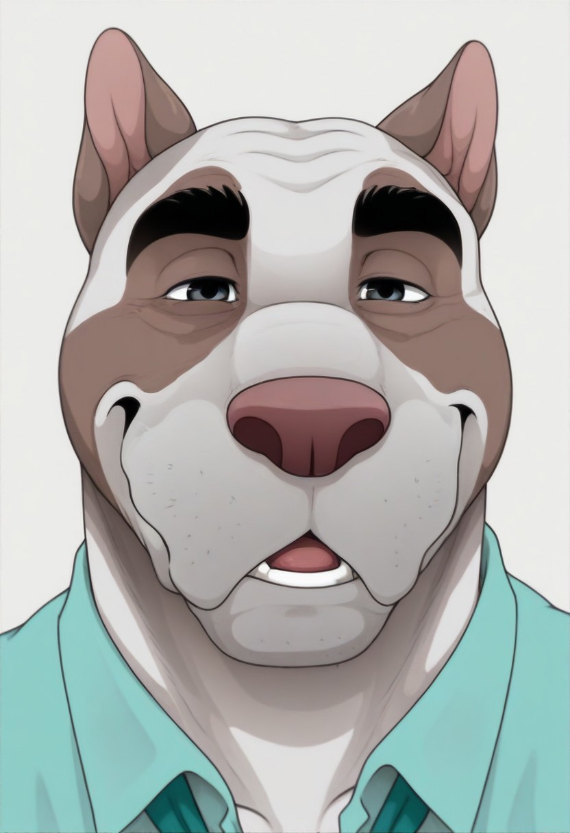 masterpiece, best quality, amazing quality, solo, 1boy,
Emery_Waldren, anthro pitbull, furry, muscular, collared shirt, mature male, muscular male, animal ears, muscle gut, white background, face focus, seductive, looking at you,  straight-on,