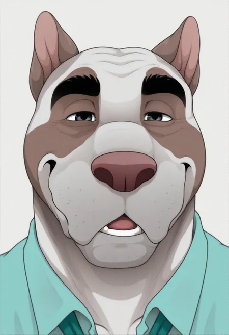 masterpiece, best quality, amazing quality, solo, 1boy,
Emery_Waldren, anthro pitbull, furry, muscular, collared shirt, mature male, muscular male, animal ears, muscle gut, white background, face focus, seductive, looking at you, straight-on,
