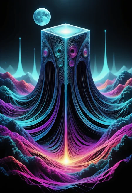 The image is a highly detailed, vibrant digital artwork of a square cannon-shaped megastructure made of fractangles rising through a dense layer of clouds and continuing out of the top of the frame. The scene is set at night, with a full moon. <lora:Hyper-FLUX.1-dev-16steps-lora:0.15> <lora:Challenge_Winnifier_ENTERPRISE_EDITION_epoch_5:0> <lora:New_Fantasy_CoreV4_FLUX:1> <lora:Fractangles_Flux:1>