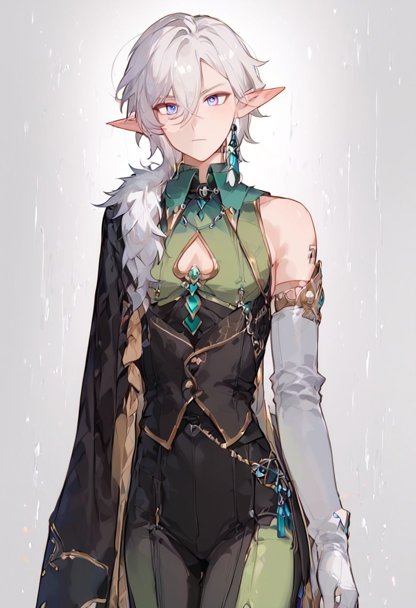 masterpiece,best quality,highly detailed,score_9,score_8_up,score_7_up,source_cartoon,expressiveh, 
BREAK
 blonde hair,aventurine,blue eyes,front view, 1androgynous,otoko no ko,1man,curvy,tomboyish figure, bdone, tall height, male size, elf, pointy ears, blonde hair, cape, tube top/green vest, shoulder tattoo, gloves, boots, colored skin, pale, POINTY ELF EARS, short hair, messy hair, silver white hair, glare in the eyes,rosy freckles, green cloak,  green thights, green leggings, a long piece of indigo fabric tied together to form a belt with a number of gold details,short hair,solo, alone,shiny skin,broad body, small breast,small bust,soft breast, big hips,silver armor bracers, athletic body, slightly toned, oiled body, closed_cloak, brooch, robe, cloak, green skintight, fully clothed
BREAK
heavy looking eyebrows, big dizzy eyes,
BREAK 
heavy rain,