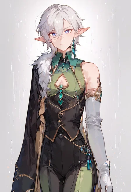 masterpiece,best quality,highly detailed,score_9,score_8_up,score_7_up,source_cartoon,expressiveh,
BREAK
blonde hair,aventurine,blue eyes,front view, 1androgynous,otoko no ko,1man,curvy,tomboyish figure, bdone, tall height, male size, elf, pointy ears, blonde hair, cape, tube top/green vest, shoulder tattoo, gloves, boots, colored skin, pale, POINTY ELF EARS, short hair, messy hair, silver white hair, glare in the eyes,rosy freckles, green cloak, green thights, green leggings, a long piece of indigo fabric tied together to form a belt with a number of gold details,short hair,solo, alone,shiny skin,broad body, small breast,small bust,soft breast, big hips,silver armor bracers, athletic body, slightly toned, oiled body, closed_cloak, brooch, robe, cloak, green skintight, fully clothed
BREAK
heavy looking eyebrows, big dizzy eyes,
BREAK
heavy rain,