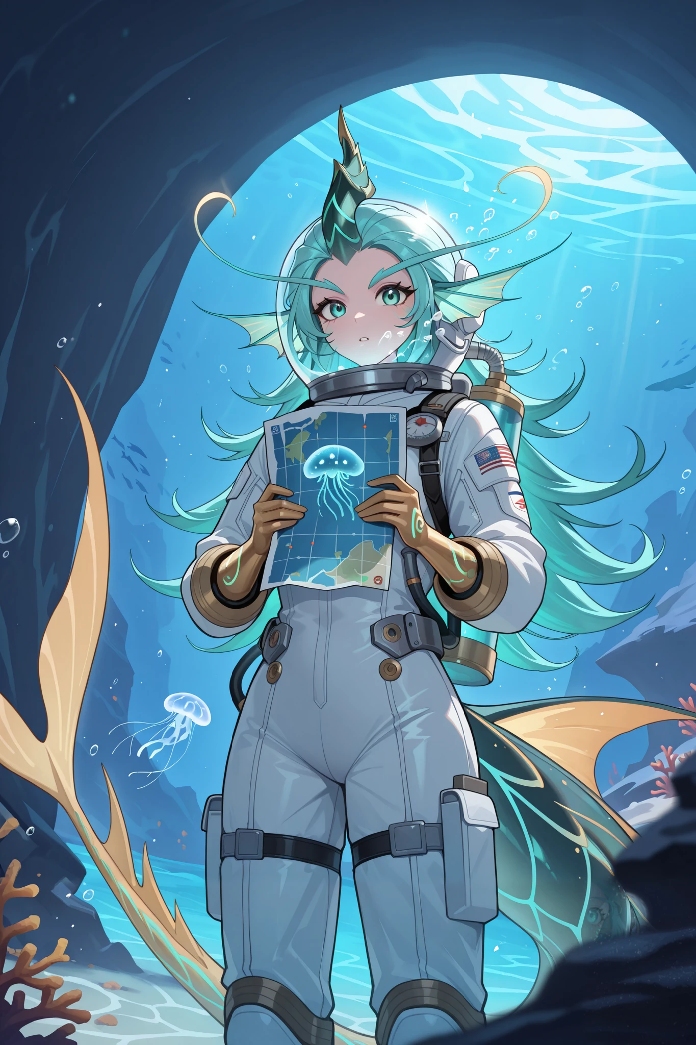 masterpiece, best quality, ultra-detailed, absurdres, newest, highly aesthetic, cinematic,  
1girl, solo, kaleamlbb, long hair, aqua hair, long eyebrows, aqua eyes, single horn, head fins, waist fins, golden hand skin, dark green scaly tail, deep sea, astronaut suit, transparent helmet, LED lights, holding map, 
floating in deep sea, sea creature in distance, glowing jellyfish floating around, soft blue luminescent light, looking at viewer, awestruck expression, cinematic depth of field, ultra sharp details  
