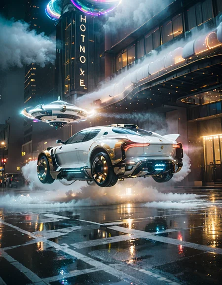 shine colorful,analog photo,glowing particle, white and brass science fiction hovering industrial luxury car by a downtown hotel, science fiction, cinematic lighting, night time, volumetric light, imax, dslr, highly detailed, volumetric fog, dystopian vibes, dutch angle, cinematic angle,masterpiece,best quality,<lora:Shine_colorful_XL_15E2B3A3C_RT:1>,