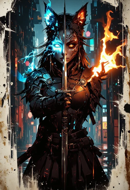 A striking female warrior stands in an action-ready pose, gripping a sleek, razor-sharp sword with a stance that radiates agility and strength. Her mystical fox mask, adorned with intricate glowing patterns, partially obscures her face, leaving one cyber-enhanced eye exposed, flickering with data streams.
Fox fire swirls around her, casting an ethereal glow. The blue and orange flames crackle, distorting the air, contrasting against the dark, glitch-infused virtual world behind her.
She wears a reinforced school uniform, reimagined for combat—a short pleated skirt with armored fabric, a tactical harness, and a thigh pouch. A fusion of traditional and futuristic aesthetics, she feels at home in both digital and real worlds, ancient and modern.
The fractured, neon-lit background pulses with glitch aesthetics and silhouette art, digital geometry shifting like a corrupted simulation. Colored shadows and monochrome tones blend with bursts of polarized chromatic aberration, distorting reality.
A disintegration effect creeps along her body and weapon, pixels peeling into the void. HDR lighting sharpens her silhouette, while dynamic shadows heighten the cinematic mood.