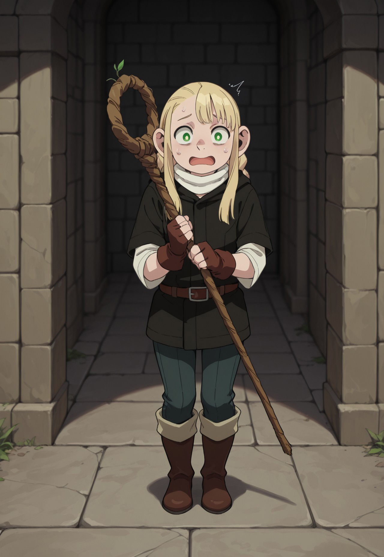masterpiece, best quality, amazing quality, very aesthetic, absurdres, HalffootMarcille,1girl, solo, female focus, blonde hair, twin braids, green eyes, white neck warmer, black hooded jacket, hood down, white shirt, brown belt, brown fingerless gloves, blue pants, brown leather boots, full body, holding staff, scared, dungeon, perspective