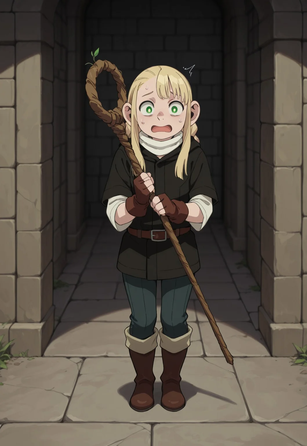 masterpiece, best quality, amazing quality, very aesthetic, absurdres, HalffootMarcille,1girl, solo, female focus, blonde hair, twin braids, green eyes, white neck warmer, black hooded jacket, hood down, white shirt, brown belt, brown fingerless gloves, blue pants, brown leather boots, full body, holding staff, scared, dungeon, perspective