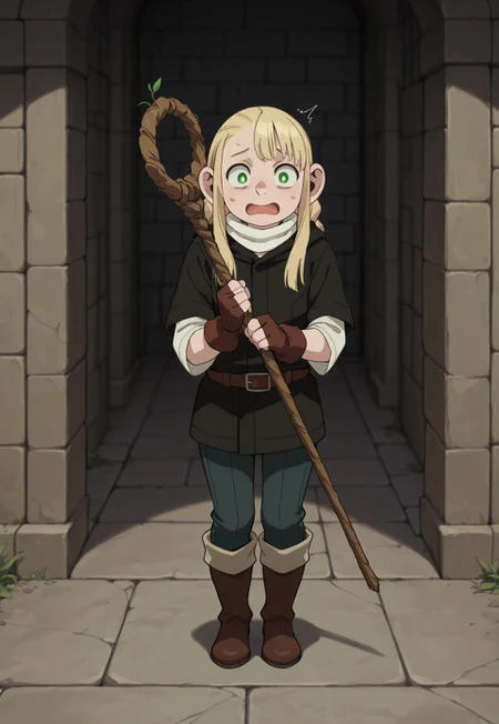 masterpiece, best quality, amazing quality, very aesthetic, absurdres, HalffootMarcille,1girl, solo, female focus, blonde hair, twin braids, green eyes, white neck warmer, black hooded jacket, hood down, white shirt, brown belt, brown fingerless gloves, blue pants, brown leather boots, full body, holding staff, scared, dungeon, perspective