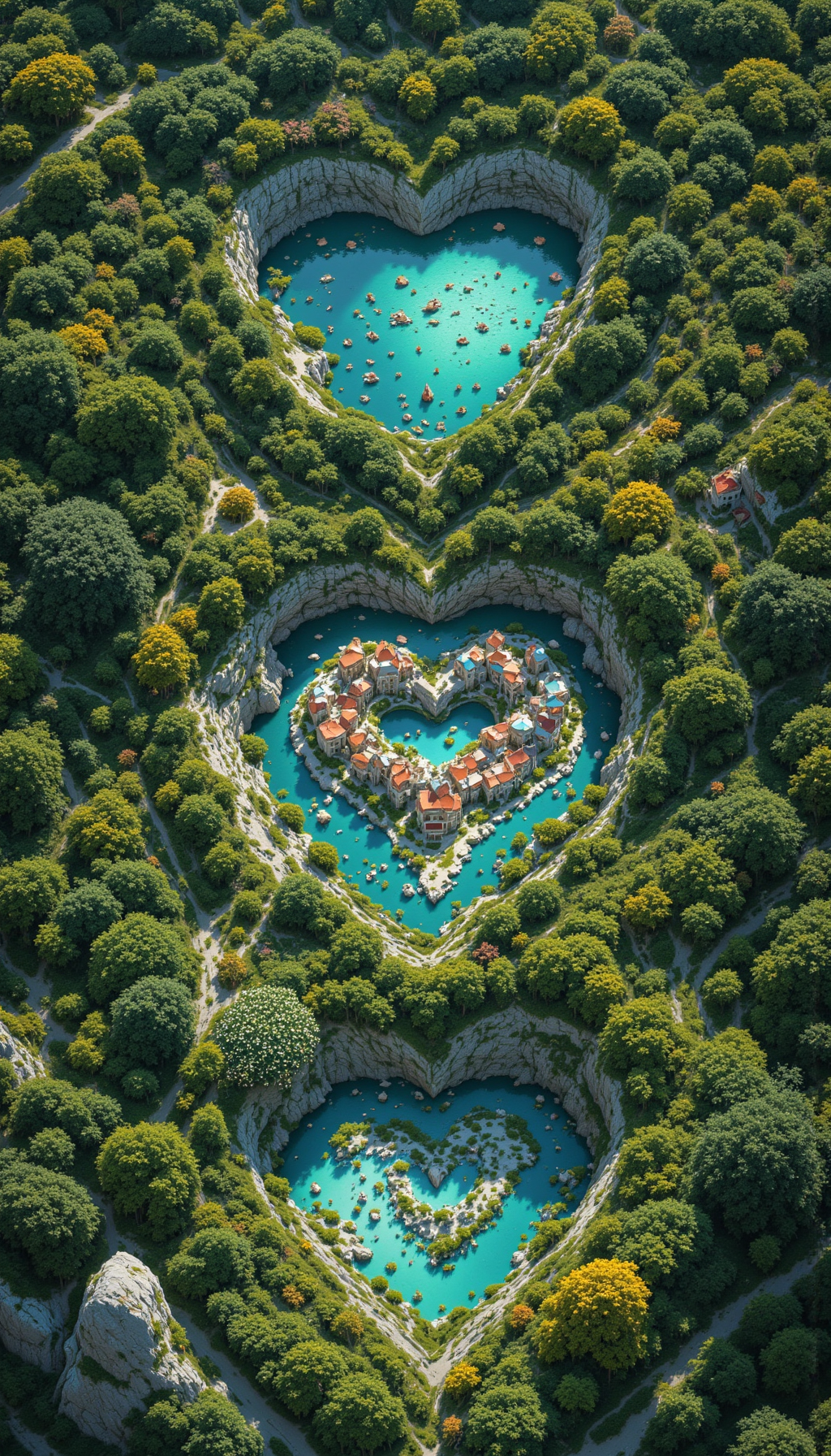 pinkfluxproultrafantasia, aidmaimageupgrader
Create a cinematic, ultra-detailed 4K image of heart-shaped nature scenes. The first scene features a single heart surrounded by crystal-clear water, with a quaint village inside the heart, nestled amidst vibrant greenery and colorful flowers. The second scene has two hearts surrounded by serene water, each heart containing a charming village with lush landscapes and blooming flora. The third scene showcases three hearts encircled by tranquil water, each heart housing a picturesque village, surrounded by majestic trees, stunning flowers, and breathtaking natural beauty. Ensure each scene exudes a blissful and harmonious atmosphere, with the hearts seamlessly blending into the enchanting natural surroundings., ultra-detailed