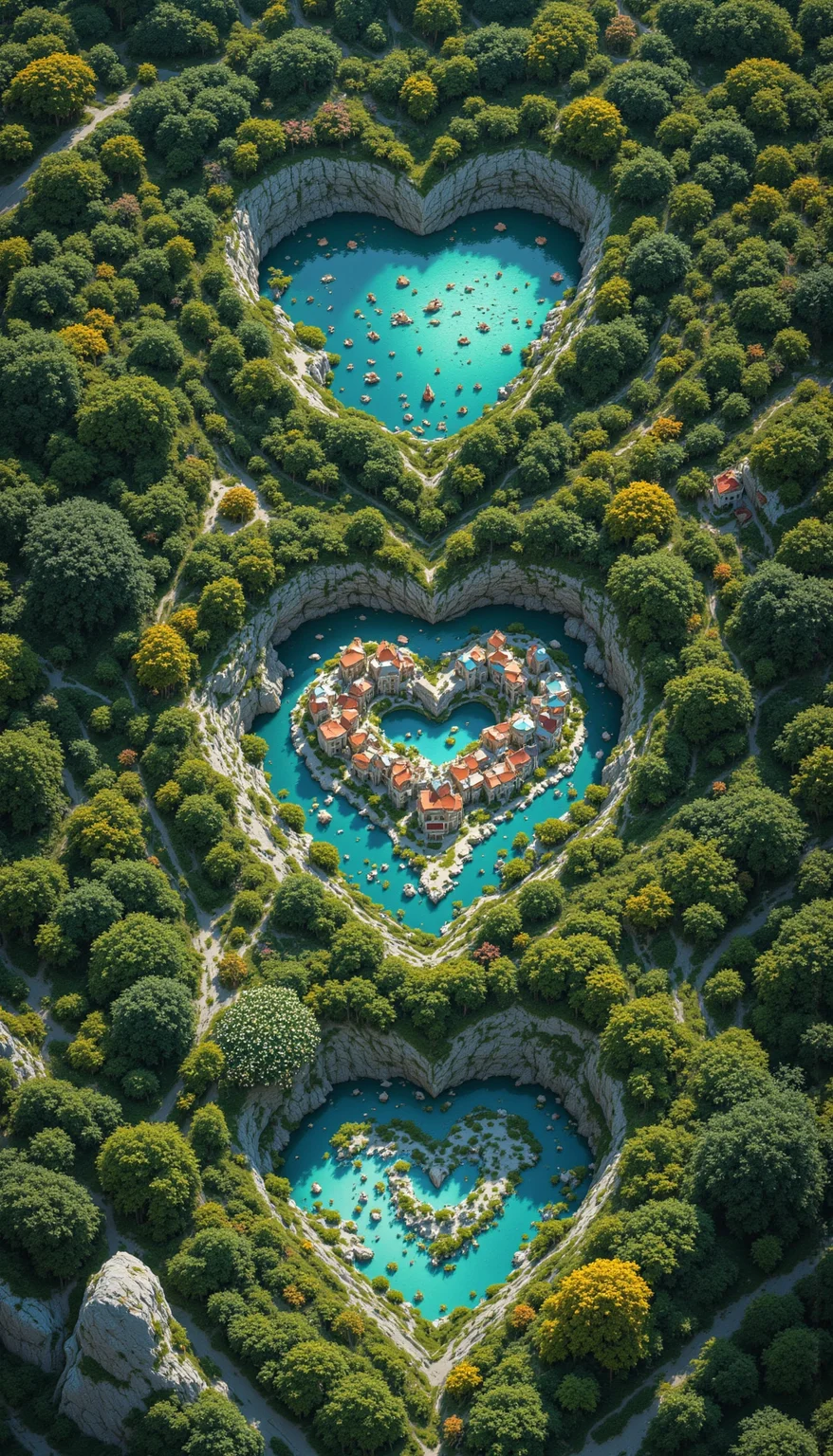 pinkfluxproultrafantasia, aidmaimageupgrader
Create a cinematic, ultra-detailed 4K image of heart-shaped nature scenes. The first scene features a single heart surrounded by crystal-clear water, with a quaint village inside the heart, nestled amidst vibrant greenery and colorful flowers. The second scene has two hearts surrounded by serene water, each heart containing a charming village with lush landscapes and blooming flora. The third scene showcases three hearts encircled by tranquil water, each heart housing a picturesque village, surrounded by majestic trees, stunning flowers, and breathtaking natural beauty. Ensure each scene exudes a blissful and harmonious atmosphere, with the hearts seamlessly blending into the enchanting natural surroundings., ultra-detailed