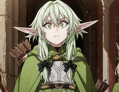 nsfw, highres, best quality, masterpiece, $\{quality\}, $\{style\}, best quality, very aesthetic, 8k, anime, masterpiece, best quality, detailed background, 8k, score 9, score 8 up, score 7 up, score 6 up, $\{girl traits\}, $\{appearance\}, hair between eyes, outdoors, solo focus, $\{clothing\}, $\{pose\}, $\{background\}, $\{composition\}, Yousei Yunde, Long blonde hair, Pointed ears, Green eyes, Fair skin, Green tunic, Leather armor, Bow and quiver, Slender build, Elf-like features, Green cloak, High Elf Archer \(Goblin Slayer!\)