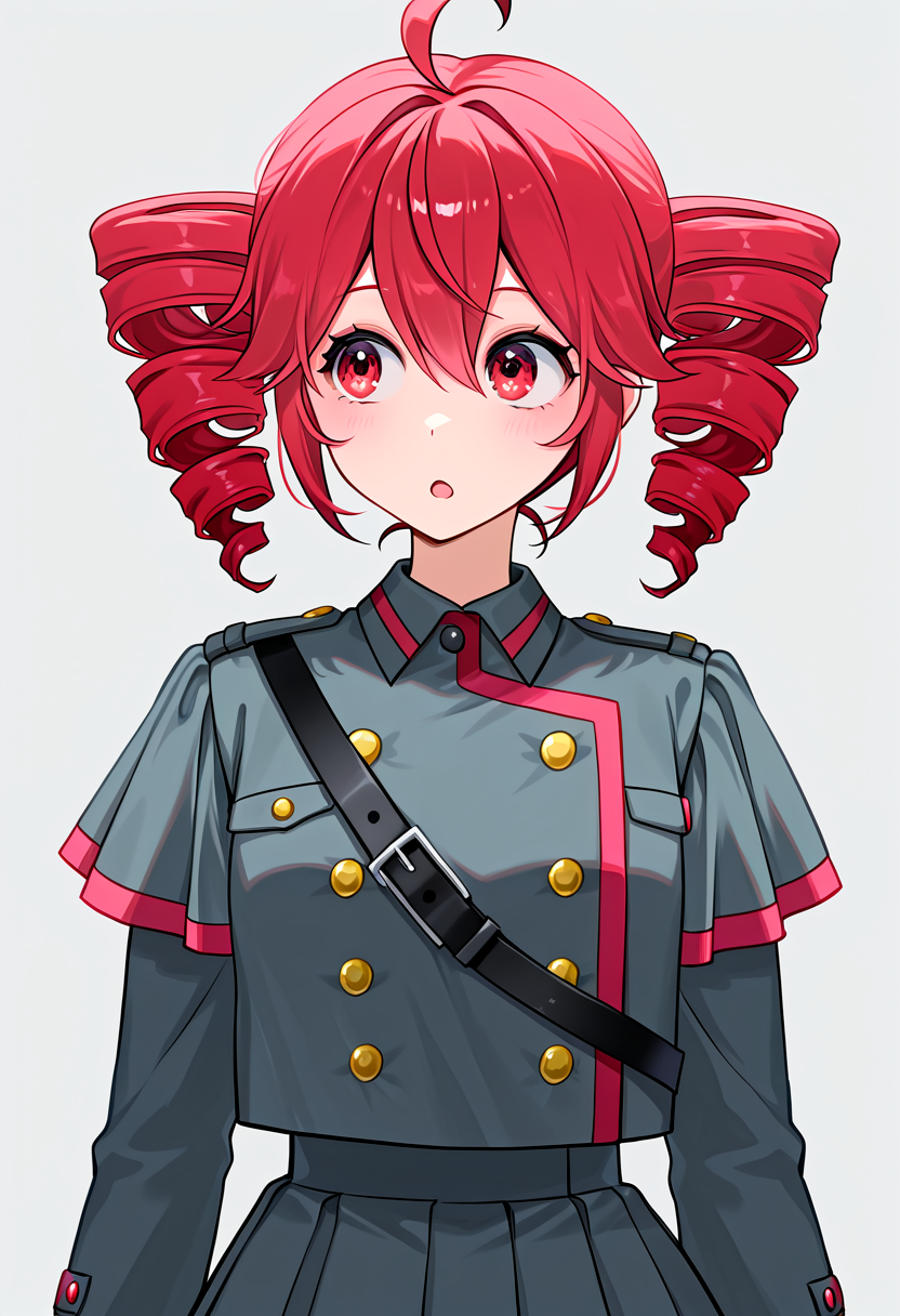 masterpiece, best quality, absurdres, rejection_reaction, 1girl, solo, open mouth, looking to the side, kasane teto, upper body, simple background, frilled shirt, grey jacket, grey skirt, shoulder belt, red hair, short hair, drill hair, striped clothes, double-breasted,  <lora:rejection_reaction_meme-09-IL:1>