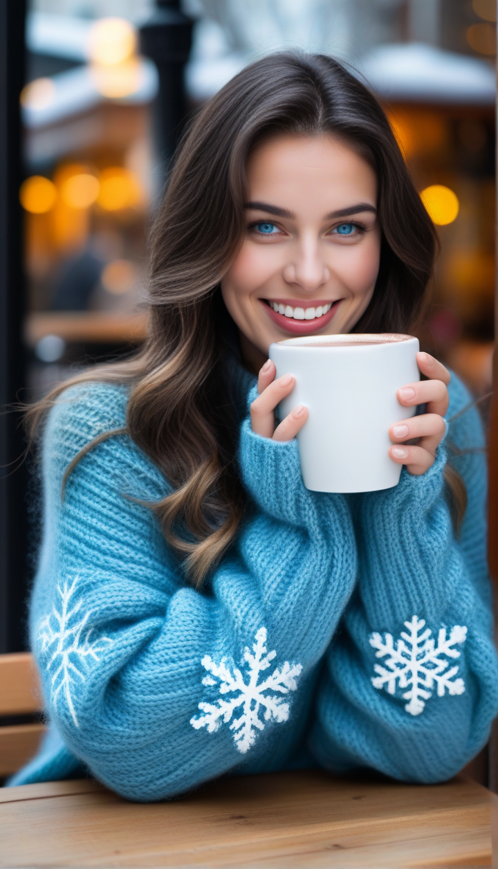 Cozy winter, woman with icy blue highlights, soft smile, chunky knit sweater, snowflakes outside, warm cafe, steaming hot chocolate on the table. Steps: 18, Face restoration: CodeFormer