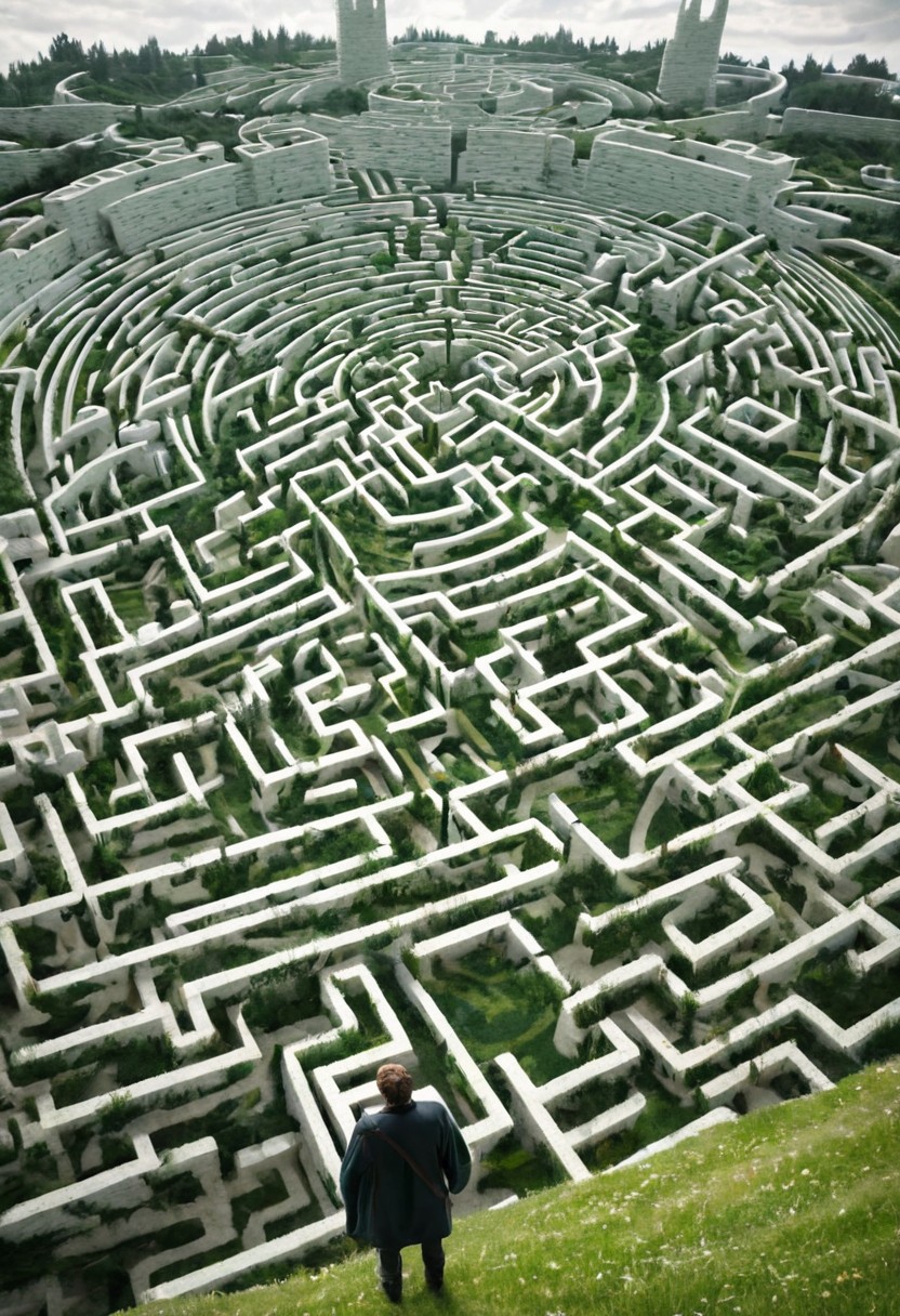 castle , A traveler contemplates a gigantic labyrinth made up of dozens of white, grass, medical towers.