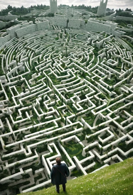 castle , A traveler contemplates a gigantic labyrinth made up of dozens of white, grass, medical towers.