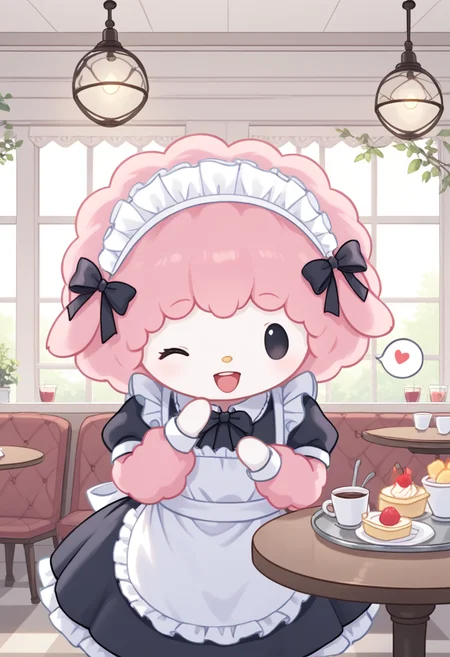 score_9, score_8_up, score_7_up, score_6_up, score_5_up, BREAK
mysweetp, open mouth, smile, dot eyes, furry, chibi, feral, (pink fur), white face, black eyes, solo, 1 girl, cafe, one eye closed, spoken heart, maid, maid headdress, tray
