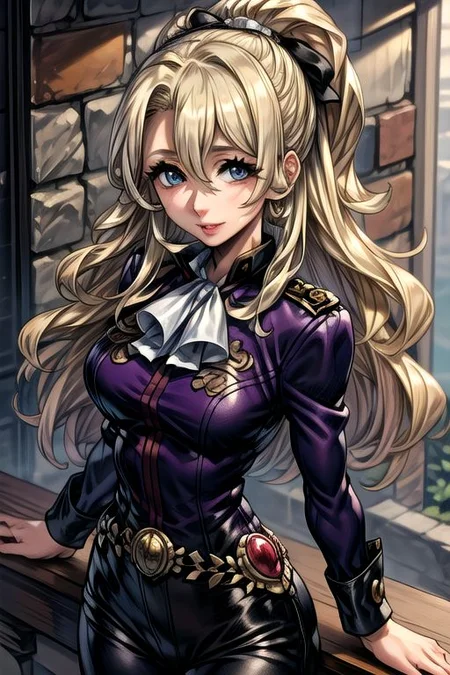 masterpiece, Lily Kokoschka , best quality, best quality, ultra-detailed, highres,sharp focus,(ultra detailed,extremely detailed), 1girl,(masterpiece, best quality), LilyKOKOSCHKA, 1girl, solo, long hair, blonde hair, hair between eyes, uniform, ascot, wavy hair, eyes visible through hair, white ascot, riding pants, hungry clicker,