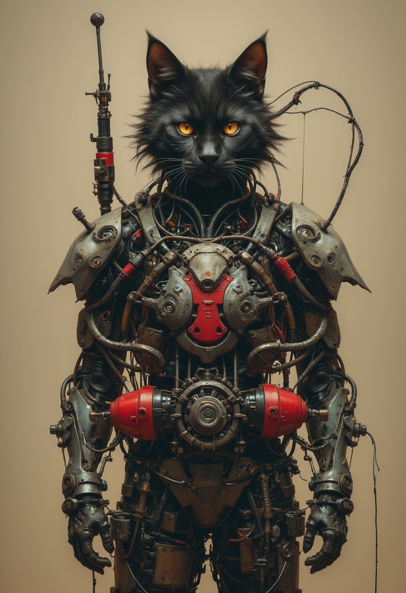 a wired-cyborg cat - made of wires, cables technical parts and beige/red cyberpunk elements