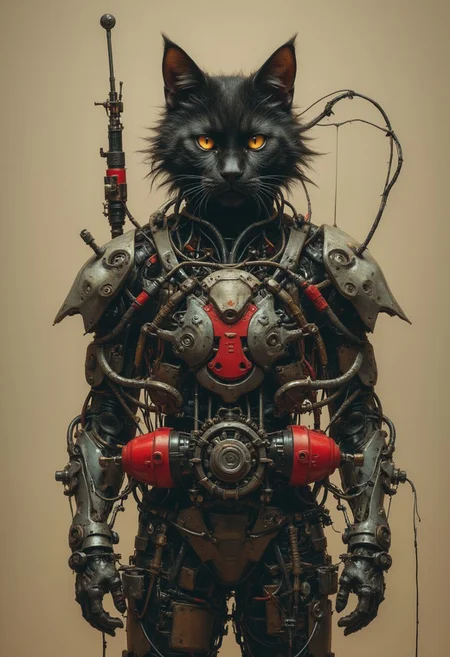 a wired-cyborg cat - made of wires, cables technical parts and beige/red cyberpunk elements