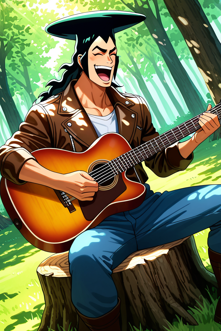 realistic shading, natural lighting, male focus, looking away, expressive happy face, closed eyes, kouzuki oden, black-bluish green_kouzuki oden_male long hair, red_kouzuki oden_makeup, 1boy, open mouth, smiling, singing, shiny skin, playing guitar, sitting on wood stump, legs apart, suggestive, spring clothes, cosplay, brown leather jacket, pants, boots, sunray, shadow, tree shade, serene, day, dappled sunlight, tree, forest, grass, dutch angle, dynamic angle, dynamic action, atmospheric perspective, cinematic, intricately detailed illustration, depth of field, masterpiece, best quality, amazing quality, very aesthetic, absurdres, newest, anime screencap