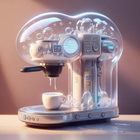 score_9, score_8_up, <lora:BubblyTech_PonyXL_B-000013:1>,bubblytech ,scifi, transparency, caustics , iridescent,
coffee machine, pouring liquid