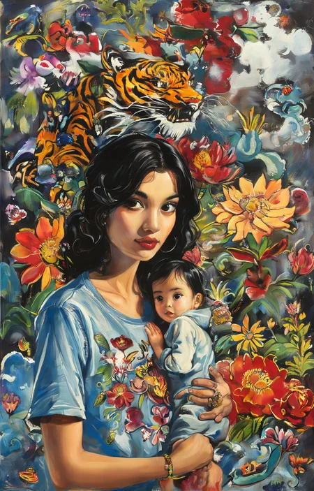 masterpiece,best quality,<lora:tbh271-sdxl:0.9>,illustration,style of Ed Hardy portrait of family