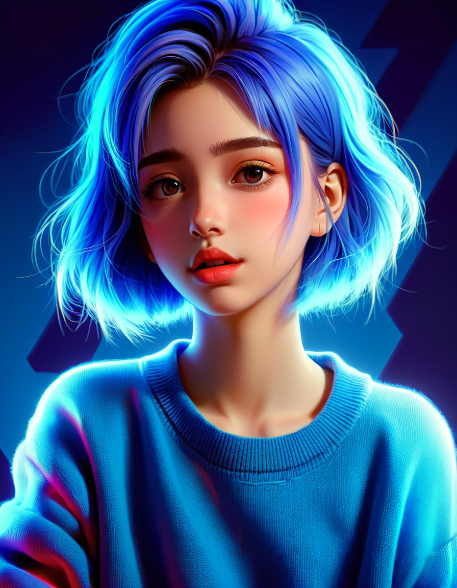 illustrator,anime,realistic,sketch,1girl,lip,Sweater,order,Blue gradient background,Neon hair,Textured crop <lora:ral-chrosc-clr:1> ral-chrosc-clr