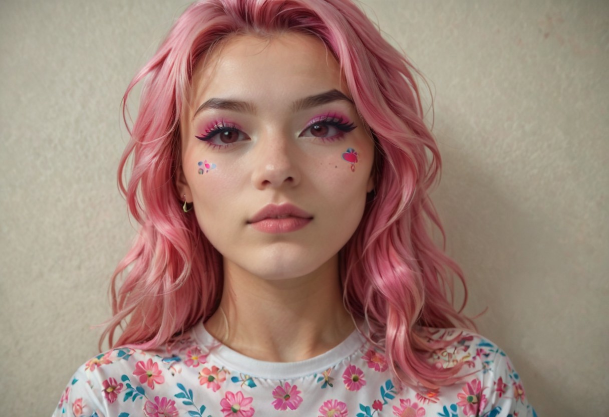 (aerial perspective), The image features a person with intricate asian face tattoos, wearing a brightly colored, patterned outfit, and accessorized with vibrant, multi-colored jewelry. The overall color scheme is dominated by shades of pink and blue, giving it a striking and artistic appearance,