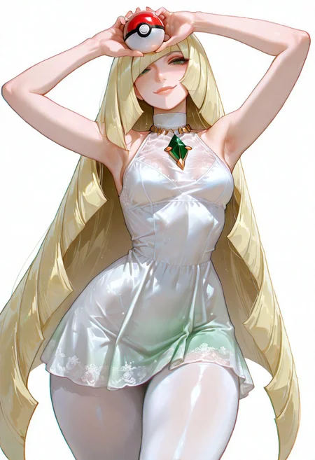 masterpiece,best quality,amazing quality, absurdres, volumetric lighting, chromatic aberration, 4k, intricate details,
1girl, solo, slender body, (small breasts), lusamine (pokemon) green eyes, detailed eyes, blonde hair, very long hair, hair covering one eye, detailed lips, glossy lips, soft lips, white dress, sleeveless dress, gradient dress, large breasts, jewelry, gem, necklace, wide hips, thick thighs, white leggings, two-tone leggings, high heels, white footwear, looking at viewer, standing, cowboy shot, holding a pokeball, cool pose, sexy pose, cute smile, dynamic pose, plain white background, celshaded cannedmos, 69yottea_style_illu, 7481llu, lineart,