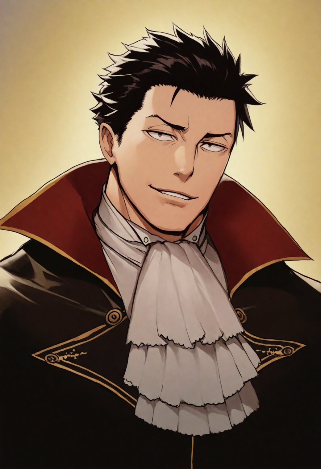 masterpiece,best quality,
1boy,bara,
<lora:loren_NAI_EPS_1_0_CAME_v1_rev2:1>,10r3n,black hair,short hair,brown eyes,sanpaku,
upper body,closed mouth,ascot,hair slicked back,alternate hairstyle,aristocratic clothes,looking at viewer,grin,âââ
