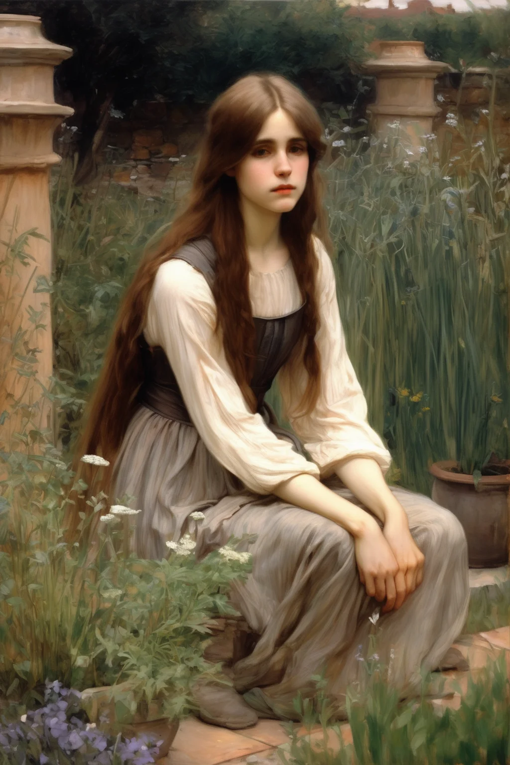 John William Waterhouse Style - john william waterhouse style, light brown hair, young woman kneeling in herb garden