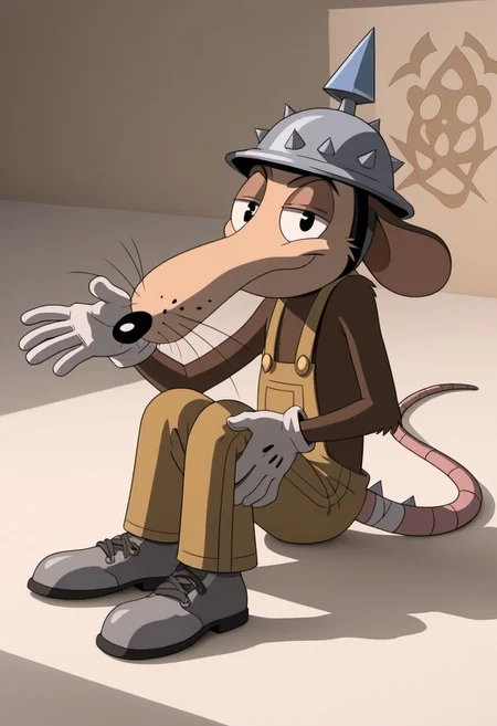 score_9, score_7_up, (masterpiece, extreme detail, best quality), solo focus, male, Werner Werman, mouse, black eyes, brown fur, whiskers, pointy nose, spiked helmet, rat tail, light brown overalls, lederhosen, grey footwear, grey shoes, perfect hands, white gloves, gloves, full-length portrait, skinny, petite, sitting, smile, half-closed eyes, smug, looking at viewer, flirty pose, source_photo, extremely detailed, pattern background, shadow, shading, hyperrealistic, bandaged tail