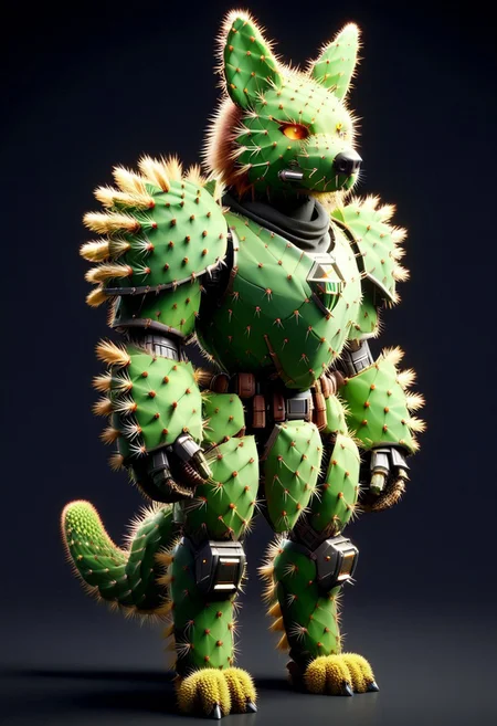 score_9, score_8_up, score_7_up, cs-l3ath3r, NCRender,
Hidegarurumon is a fierce, wolf-like Digimon covered in rugged, dark brown Prickly Cactus armor. Its fur is sparse and resembles a patchwork of aged, Prickly Cactus pieces that provide both flexibility and durability. The armor on its body is reinforced with Prickly Cactus straps and buckles, designed to offer both protection and mobility. Its glowing yellow eyes shine through a mask-like Prickly Cactus faceplate, and sharp Prickly Cactus claws extend from its paws, capable of tearing through most materials. A large, jagged Prickly Cactus tail swishes behind it, hardened to serve as both a weapon and a tool for balance in combat. NCRender