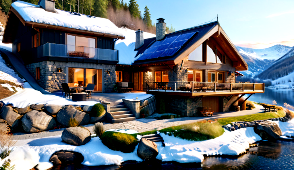 ultra-realistic image with high resolution and stable focus correct and accurate anatomy, correct and accurate objects, perfect detail, in the architectural style of a family house built of stone and wood merging with nature, designed for ecological neutrality of natural materials, in the mountains, forest ,garages,wide porch,outbuildings,table chairs,barbecue,fire pit,swimming pool,cut into the rocks,grass roof,steps,stone path,waterfall,lake,river,ultra realism,photo realism,single story,multi story,slope, wind generators, solar panels, sunset, (winter season), snow, frozen lake, close-up <lora:MJ52_v2.0:1> <lora:xl_more_art-full_v1:1> <lora:houses_merging_with_the_natural_environment_r1:0.4>