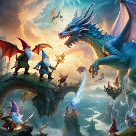 Fujifilm quality photograph (best quality)++, (masterpiece)++, (detailed)+, elf on the shelf fighting a Dragon, (fantasy illustration)1.3, enchanting Dragon battle elf on the shelf, mystical battle, (many gnomes battling)1.4 (whimsical charm).4 Otherworldly charm, mystical sky, (Luis Royo)1.2, (Yoshitaka Amano)1.1, moonlit night, soft colors, (detailed cloudscape)1.3, (high-resolution)1.2 (gnomes  battling everywhere)1.2 , <lora:DonM3t3rn1tyXL-v1.1:0.3> DonM3t3rn1tyXL <lora:DonMD1g174l4sc3nc10nXL:0.3> DonMD1g174l4sc3nc10nXL  <lora:Dragons:0.8> dragon  <lora:EnvyMagicalXL01:0.3> magical <lora:FantasyLandscape:0.8> FanLan