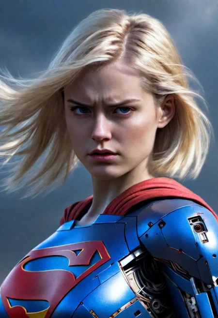 (masterpiece),
(robotic),
1girl, blonde , floating hair,
superman,
angry mood,
upper body shot,
HDR, highly detailed, 32k, trendind on artstation,