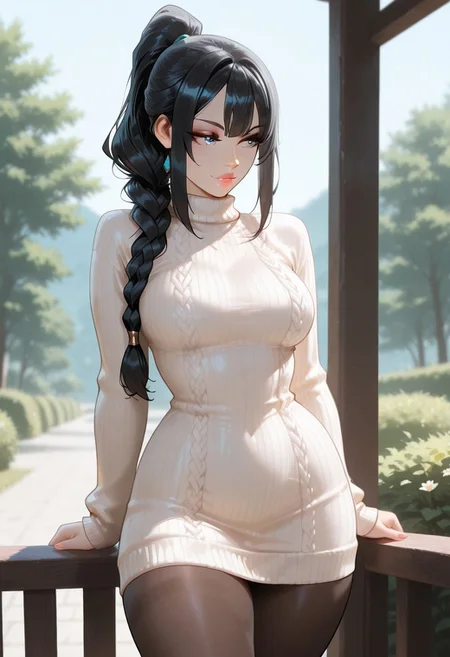 masterpiece, best quality, 32k, high resolution, absurdres, Monique, MoniqueRH, Adult girl, long black hair, swept wispy_bangs, ponytail braid, long braid, icy blue eyes, busty, medium breasts, narrow waist, thin nose, moles, moles on body, seductive look, detailed skin, detailed lips, detailed eyes, sweater dress, dark pantyhose, looking away, outdoors, posing sexy, cowboy shot,