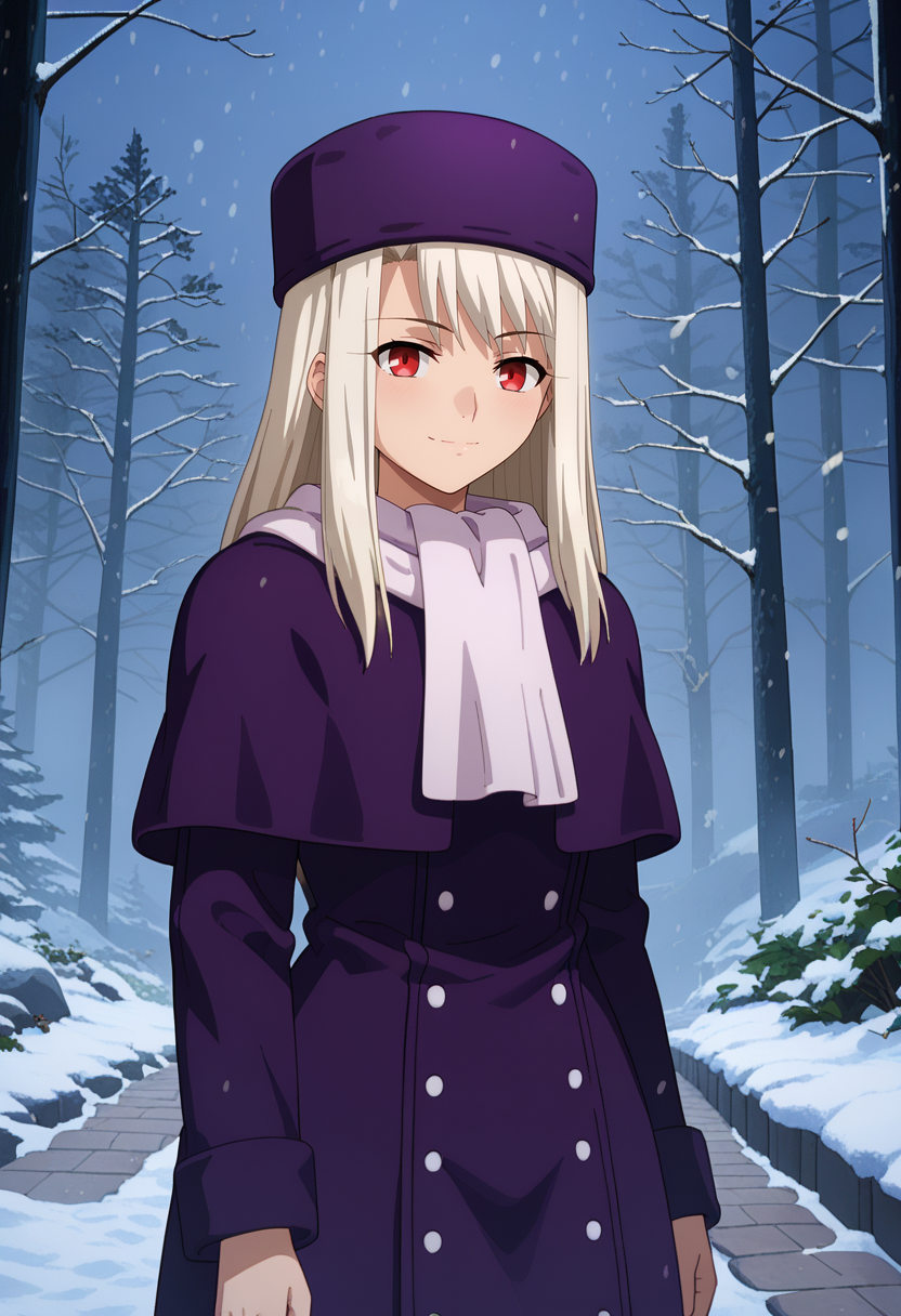 score_9,
<lora:FateStayNightUBW_IllyasvielXL:0.9>, IlliyasvielFS,
1girl, solo, closed mouth, light smile,
white hair, long hair, red eyes,
IlliyasvielCoat, purple coat, white scarf, purple capelet, purple headwear,
standing, looking at viewer,
snow, snowing, fog, night, outdoors, forest, path