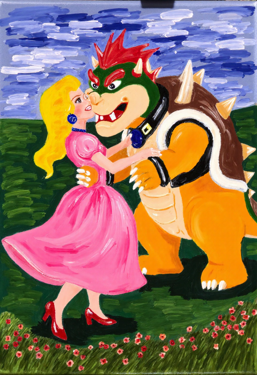 <lora:Thrift_Store_Paintings_FLUX:1>
The image is a vibrant, expressive painting on canvas depicting a scene of Bowser and Princess Peach kissing.