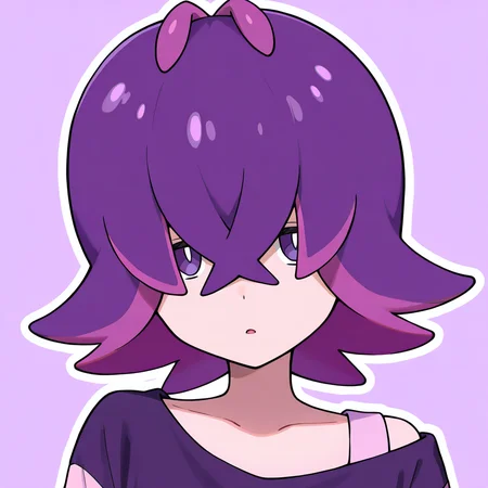<lora:dotIL>,dot \(pokemon\),multicolored hair,purple hair,two-tone hair,upper body,simple background,looking at viewer,hair over eyes,