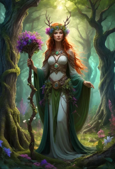 Fantasy illustration of a druid standing amidst a grove of ancient trees, holding a staff entwined with vibrant vines and blooming flowers. The druid's attire is made of natural materials, blending seamlessly with the environment. She is surrounded by ethereal woodland creatures, and the air is filled with sparkling motes of light. A gentle breeze stirs the leaves, and the atmosphere is serene yet charged with the power of nature, evoking a sense of harmony and connection.