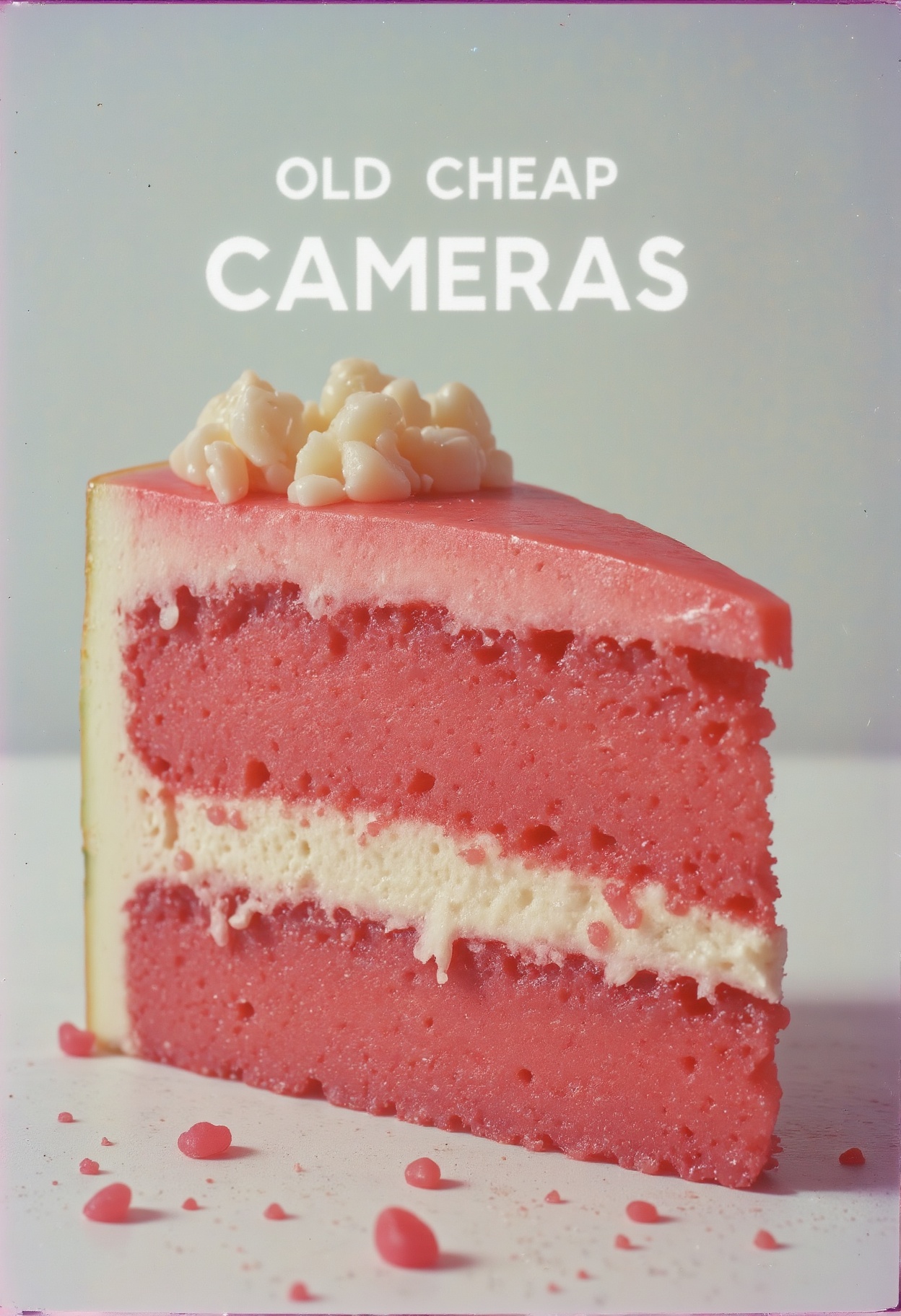 cheapo. A 1990s analog style photo, found footage, disposable camera, lomography. surrealism masterpiece, soft pastel-hued colors, a watermelon cake, high quality, by Gustave Courbet and Thomas Eakins. Text overlay reading "Old Cheap Cameras", in a white pixelated font.
<lora:lora.TA_trained:0.8>