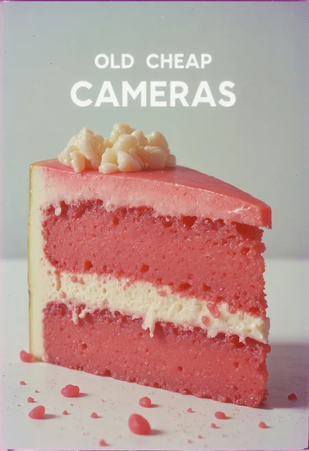 cheapo. A 1990s analog style photo, found footage, disposable camera, lomography. surrealism masterpiece, soft pastel-hued colors, a watermelon cake, high quality, by Gustave Courbet and Thomas Eakins. Text overlay reading "Old Cheap Cameras", in a white pixelated font.
<lora:lora.TA_trained:0.8>