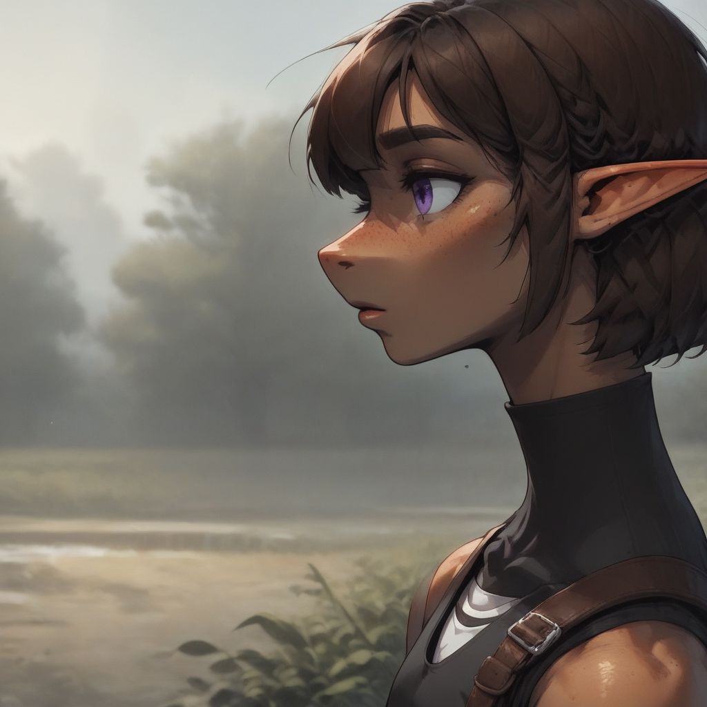 ASCIILapanya, 1 person, pointy ears, 3 fingers 1 thumb, snout nose, flat chest, side view, close-up, olive-tone skin, tall, square jaw, violet irises, dark brown hair, straight bob haircut parted in the middle, athletic build, small nostrils, 
fully clothed, black sleeveless tunic, brown breeches, belt 
running, outdoors, clean lines, highly detailed, high quality, best quality,  rating: safe