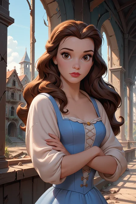 score_9, score_8_up, score_7_up,
<lora:DisneyBelle:0.8>
DisneyBelle, 1girl, brown hair, brown eyes, long hair, looking at viewer, intense gaze, standing, arms crossed, wide stance, abandoned building, broken windows, shafts of light