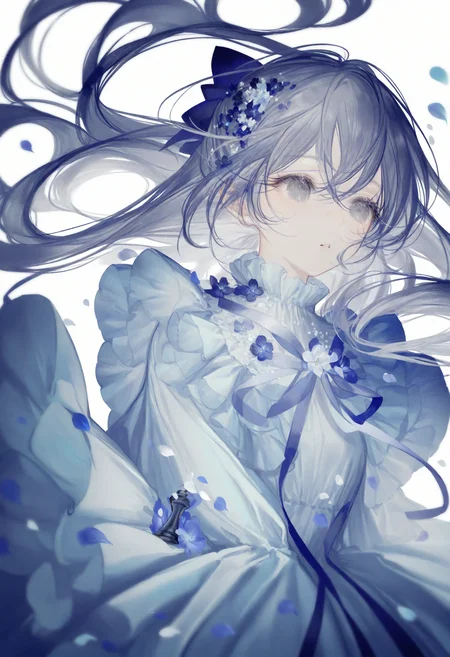 <lora:myc1_noob1.1-000189:1>,
1girl, solo, dress, long hair, chess piece, flower, hair ornament, petals, hair flower, white background, parted lips, frills, ribbon, long sleeves, blue dress, floating hair, grey hair, bow, hair between eyes, frilled dress, grey eyes, hair bow, simple background,
masterpiece,best quality,newest,absurdres,highres,very awa,
